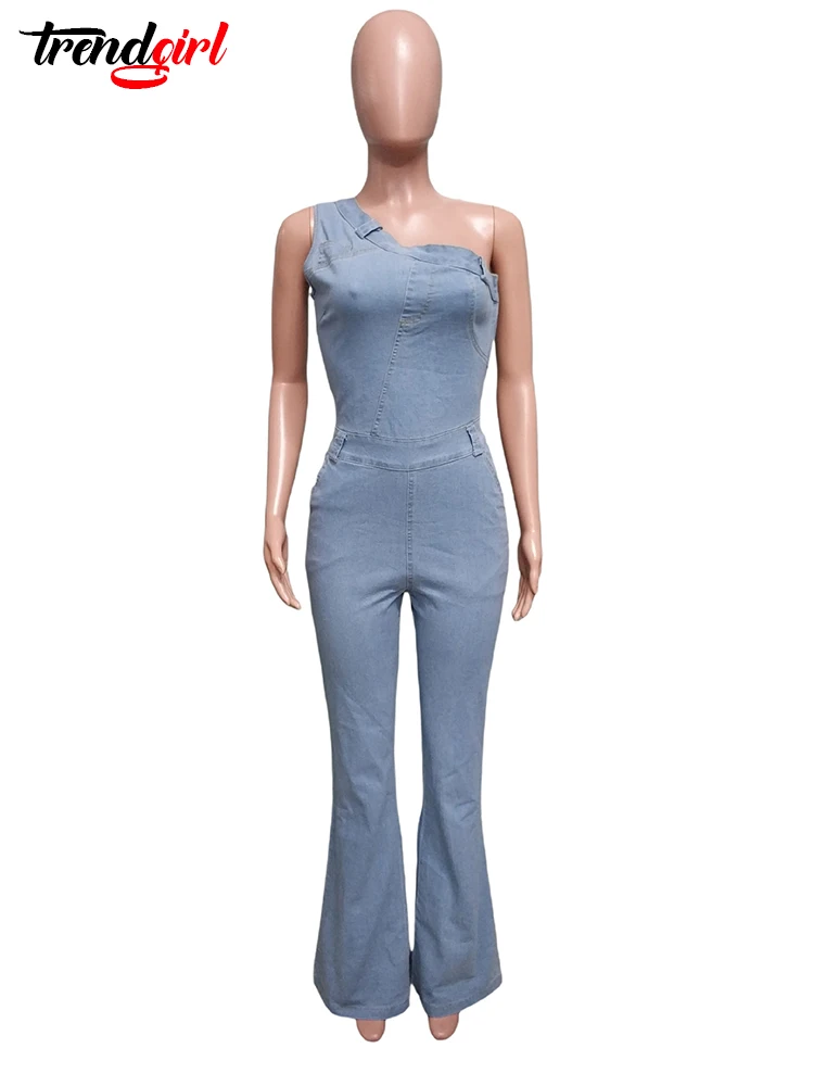 Trendgirl Women Sexy One Pieces Denim Overalls One Shoulder Sleeveless Stretch Jean Jumpsuits Flared Pants Birthday Party Romper