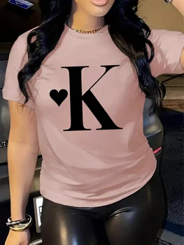 PLUS SIZEWomen's Short-Sleeve Round-Neck T-Shirt with K Letter Print Soft Breathable Stylish for Spring and Summer 1