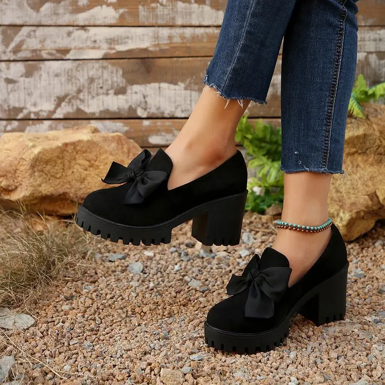 Black Suede Women's Loafers With Bow And Thick High Heel_voghion.com