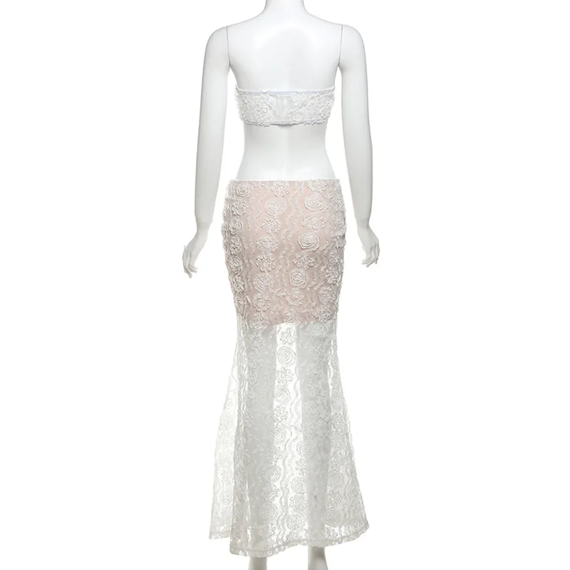 2024 Summer Elegant Solid Lace See Through Vacation 2 Piece Set Women Strapless Sleeveless Crop Top Pleated Long Mermaid Skirt