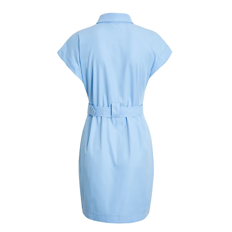 BerryGo Elegant 2022 summer shirt dress short sleeve office dress women Single breasted belt mini dress Blue pocket work vestido