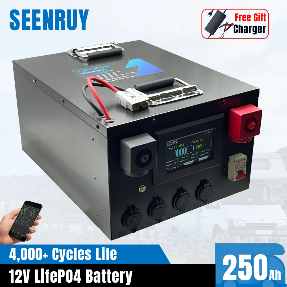 12V 250Ah Lifepo4 Batteria Equalizzazione Attiva Integrata Bluetooth Bms Per Carrello Da Golf Rv Camper Inverter Di Accumulo Solare Motore Per Barche