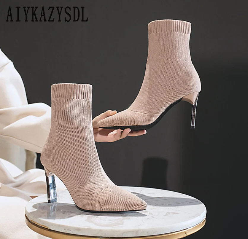 

AIYKAZYSDL 2023 Autumn Winter Knit Crochet Sock Boots Thick High Heel Stretch Ankle Boots Work Office Lady Shoes Plus Size