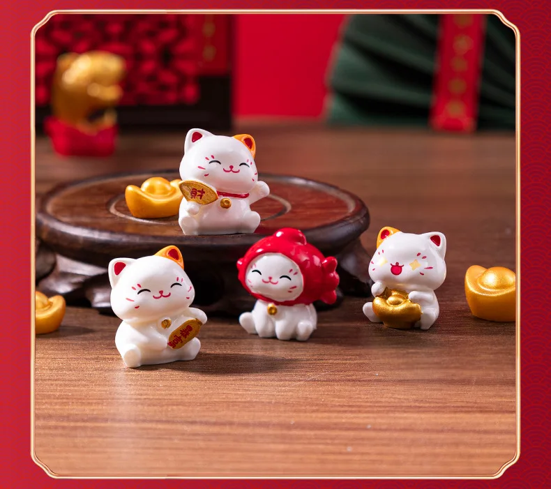 Set of four Chinese Cartoon Fortune Cat Ornaments by KittyNook Cat Co.—a charming, meaningful gift on a wood stand.