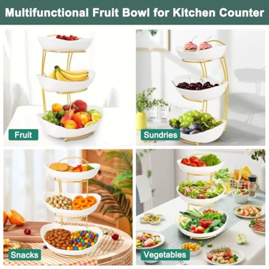 3 Tier Fruit Bowls for Kitchen Counter White Ceramic Serving Bowls with Gold Metal Stand Tiered Fruit Basket Display Rack for F