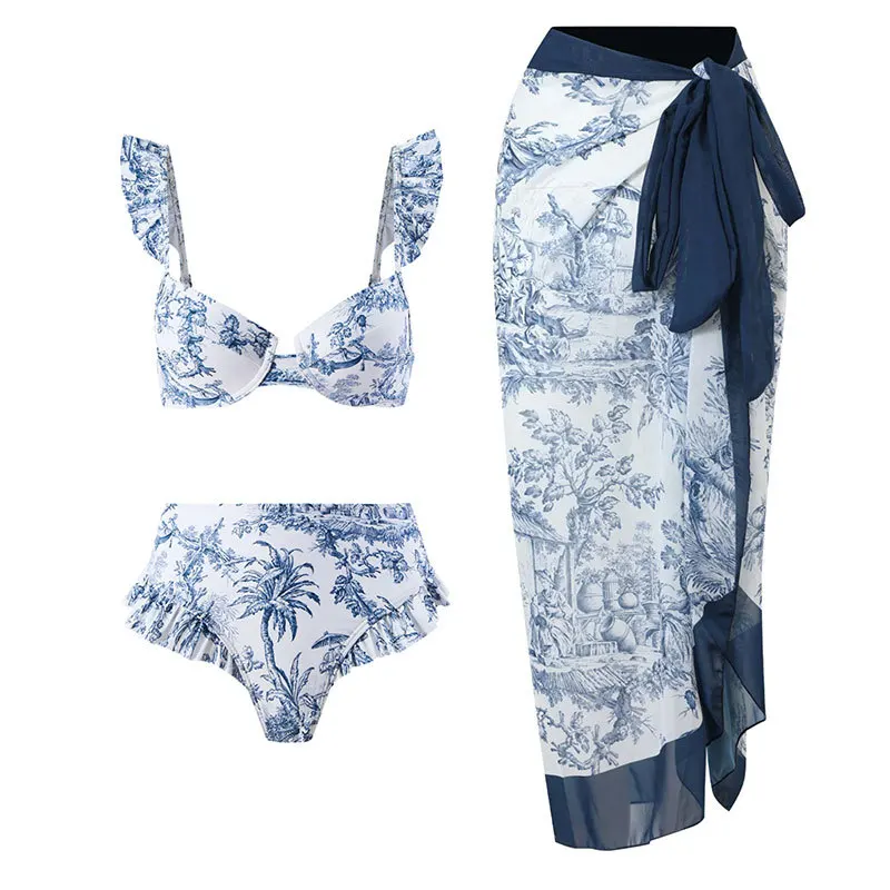 ZAFUAZ Blue Printed Two Piece Sling Swimsuit Pleated Straps Retro High Waist Micro Bikini 2023 Pool Swimwear Push Up Beachwear