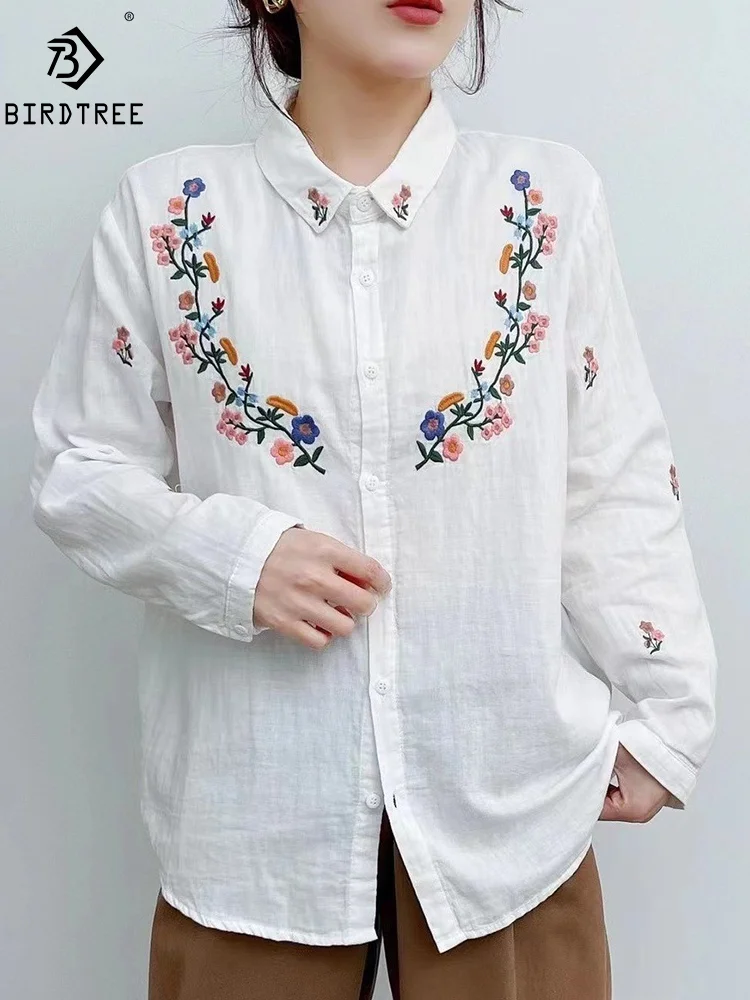 

Женская хлопковая рубашка с цветочной вышивкой, однобортная Повседневная Свободная блузка с длинным рукавом, для девушек, T44191QM, весна-лето 2024