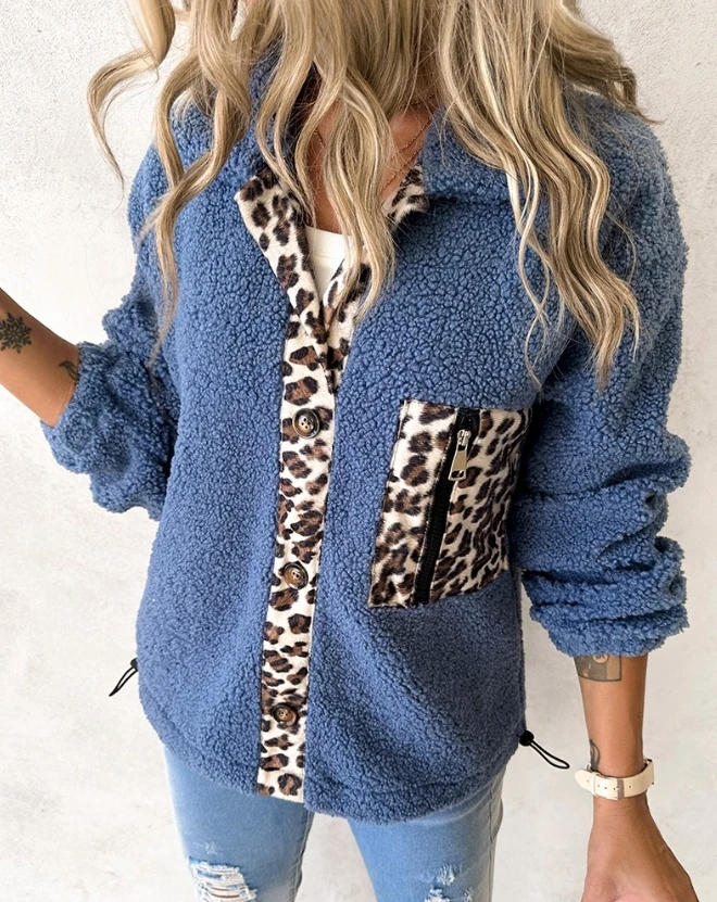 New Warm Outer Wear 2023 Autumn Winter Fashion Casual Temperament Daily Leopard Print Patchwork Drawstring Teddy Coat for Women