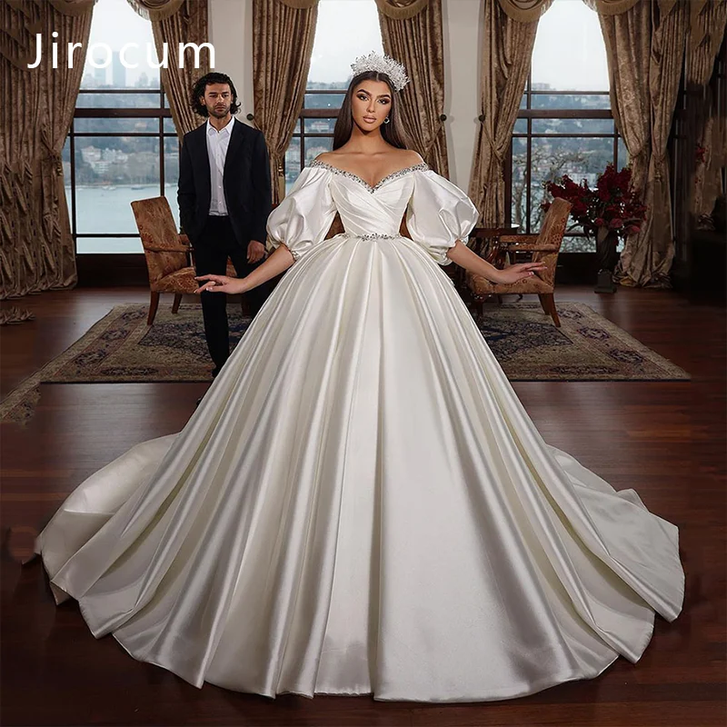 

Jirocum Gorgeous Satin Bubble Sleeves 2024 New Style Wedding Dress Elegant and Noble Welcome Main Yarn Off Shoulder Bridal Gowns