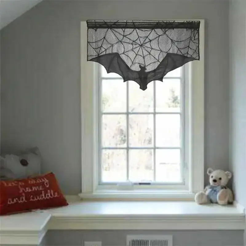 1 Pcs Halloween Lace Curtain Gothic Bat Tablecloth Fireplace Scarf Window Cover For Party Home Decoration Cobweb Halloween