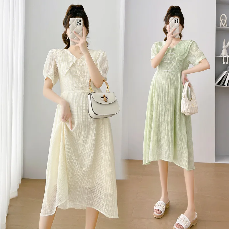 

Fresh Maternity Summer Dress 2023 New Clothes For Pregnant Women Peter Pan Collar Solid Button Short Sleeve Pregnancy Dresses