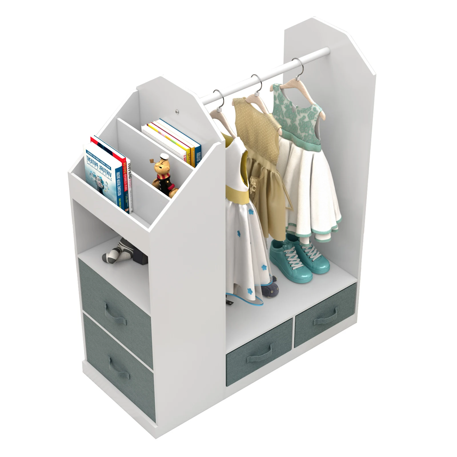 Kids Costume Organizer、 Costume Rack、Kids Armoire、Open Hanging Armoire Closet with Mirror-WHITE 3