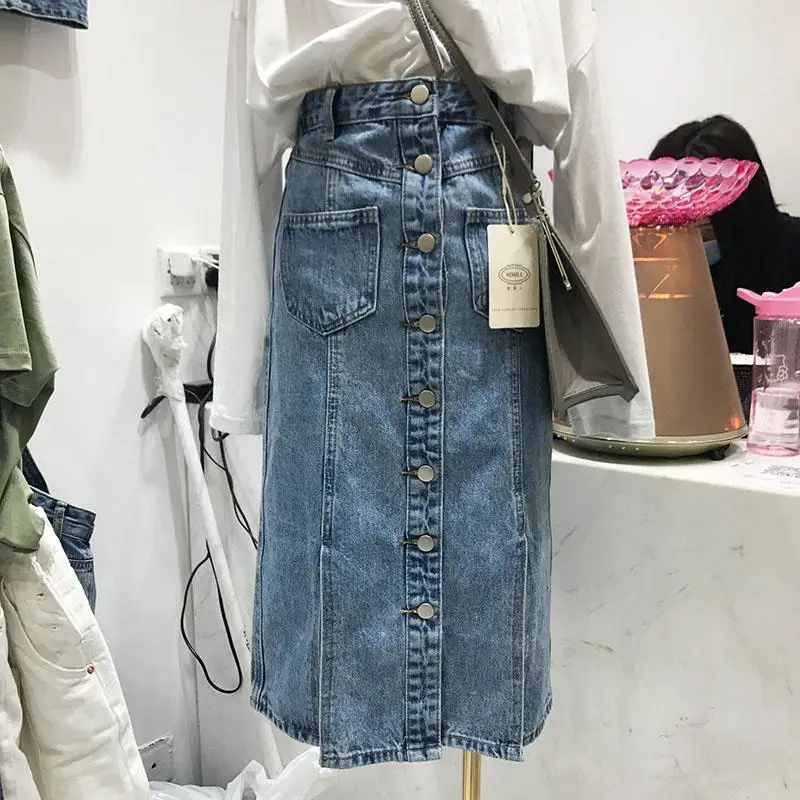 black denim skirt Korean S-5XL Plus Size Single Breasted Denim Women Skirts Vintage High Waist Pockets Saias Femme Streetwear Faldas Mujer tennis skirt outfits