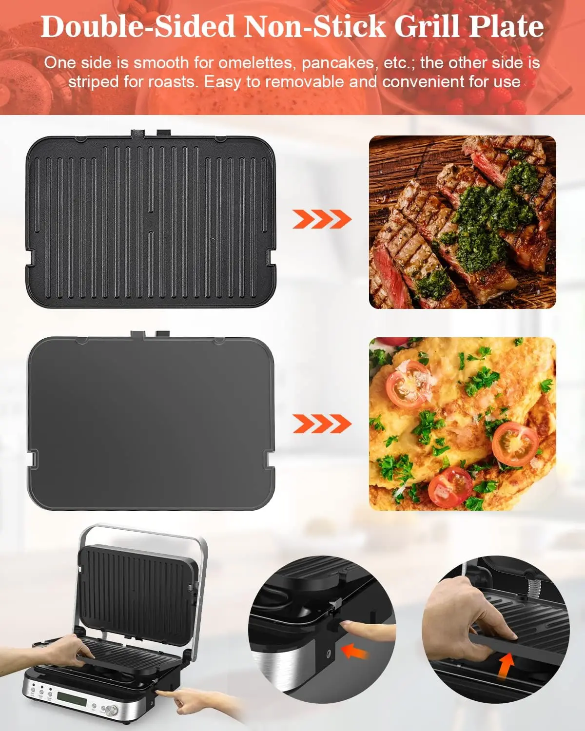 Press Grill Sandwich Maker with Removable Plates, 6 in 1 Indoor Grill & Griddle with Meat Thermometer 3
