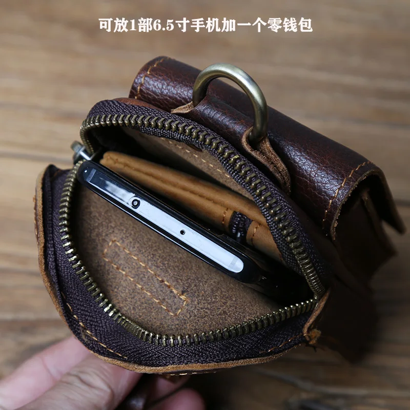 NZPJ Genuine Leather Men's Waist Bag Top Layer Cowhide Fashion Hook Bag Leisure Belt Bag Cigarette Box 6.5-inch Mobile Phone Bag