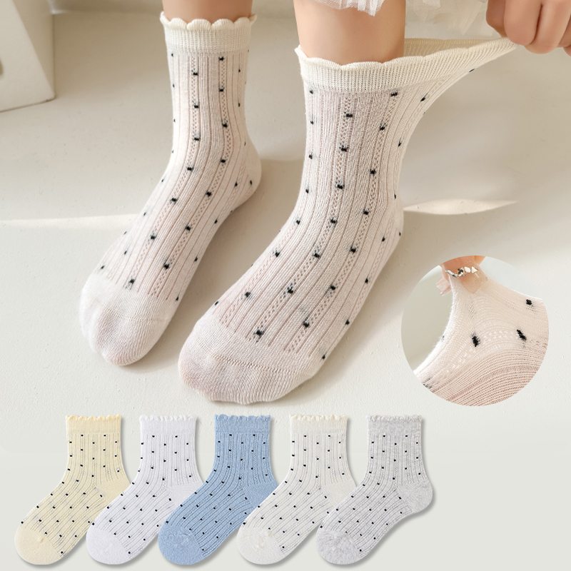 5 Pairs Girl Socks Dot Mid Tube Girl's Socks Korean Style Breathable Socks For Girls Kids Children's Ruffle Socks