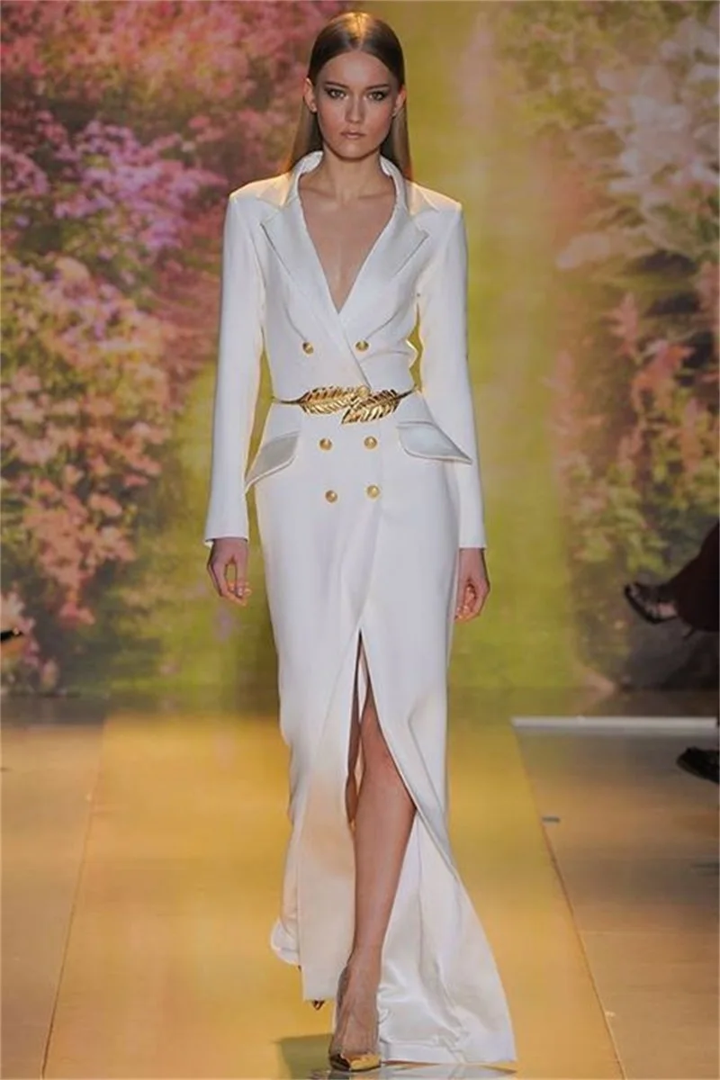 

Spring Women Suit Blazer Cotton Maxi Prom Dress With Belt Formal Office Coat Jacket V Neck Wedding Party Gown Custom Made