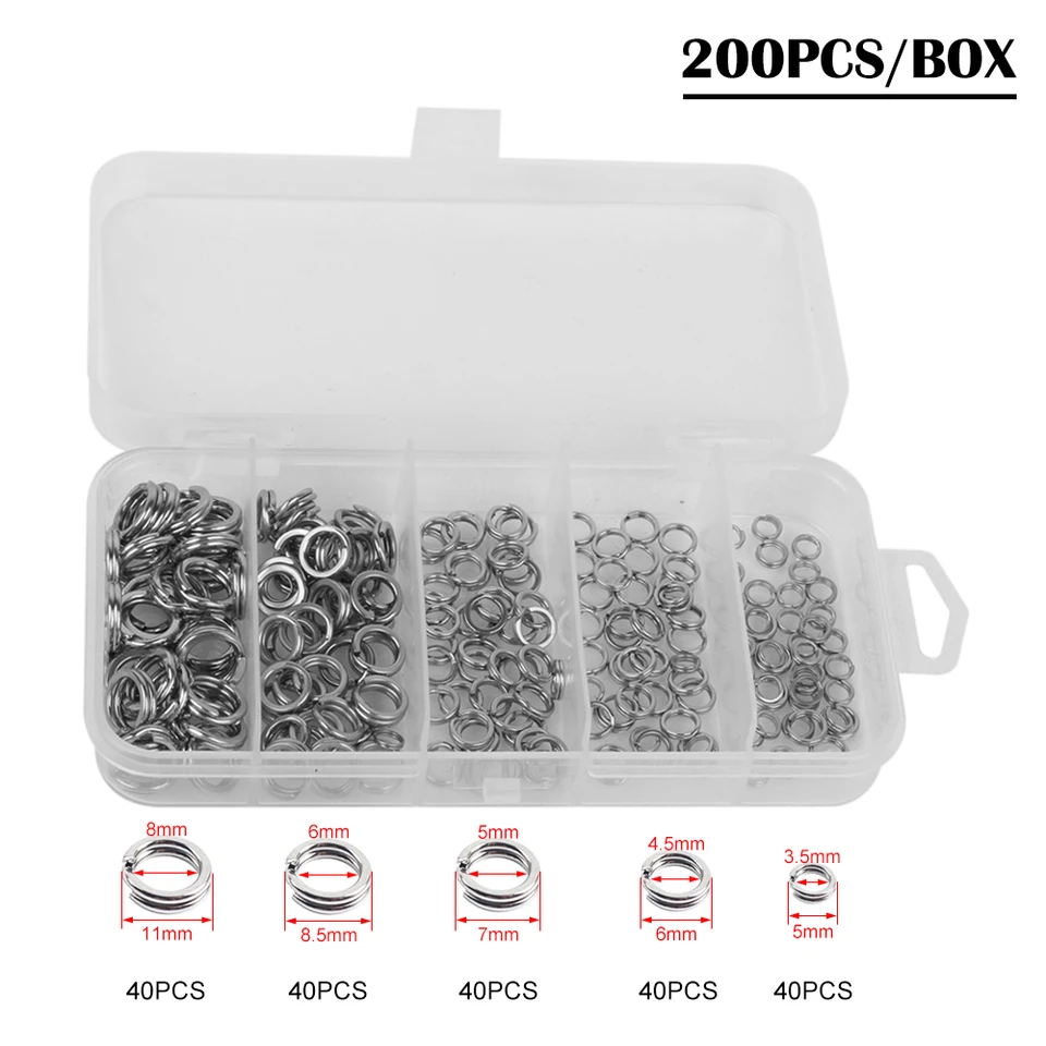 Kit 201 Pezzi Anelli Divisi In Acciaio Inox Per Pesca – 5 Misure Diverse (5-9mm) – Connettori A Scatto