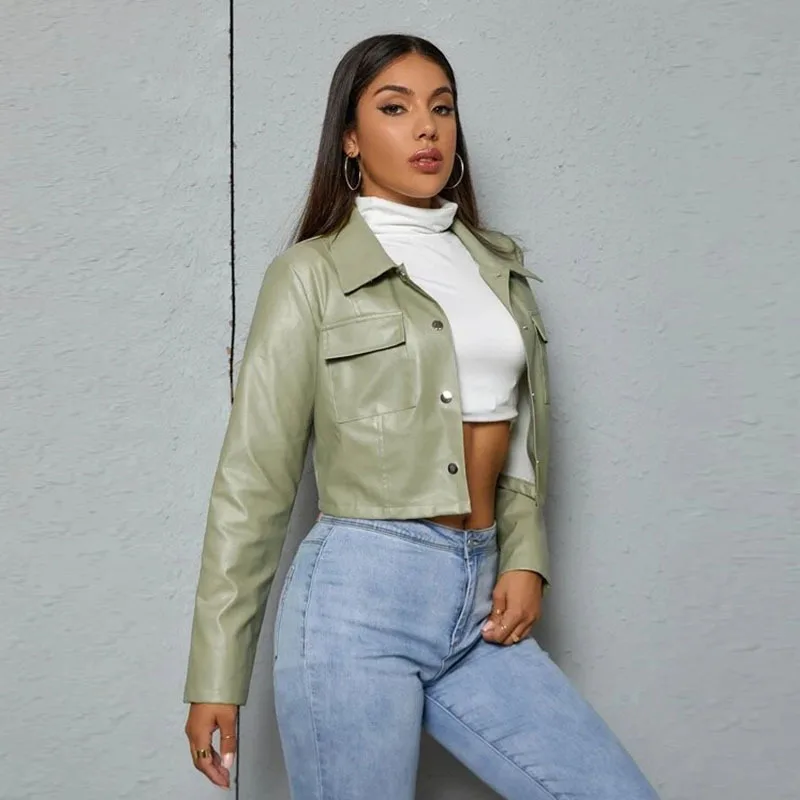 2024 Autumn New Fashion Street Style Ladies Jacket Avocado Green PU Leather Jacket Leather Jacket Lapel Locomotive Jacket Women