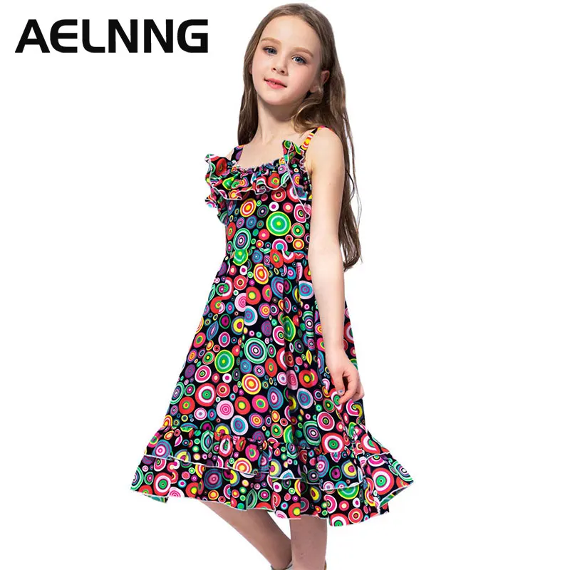 

Summer Girls Camisole Dresses Fashion Sleeveless Print Ruffles Kids Dress Petal Collar Seaside Resort Child Clothes For 2-12Y