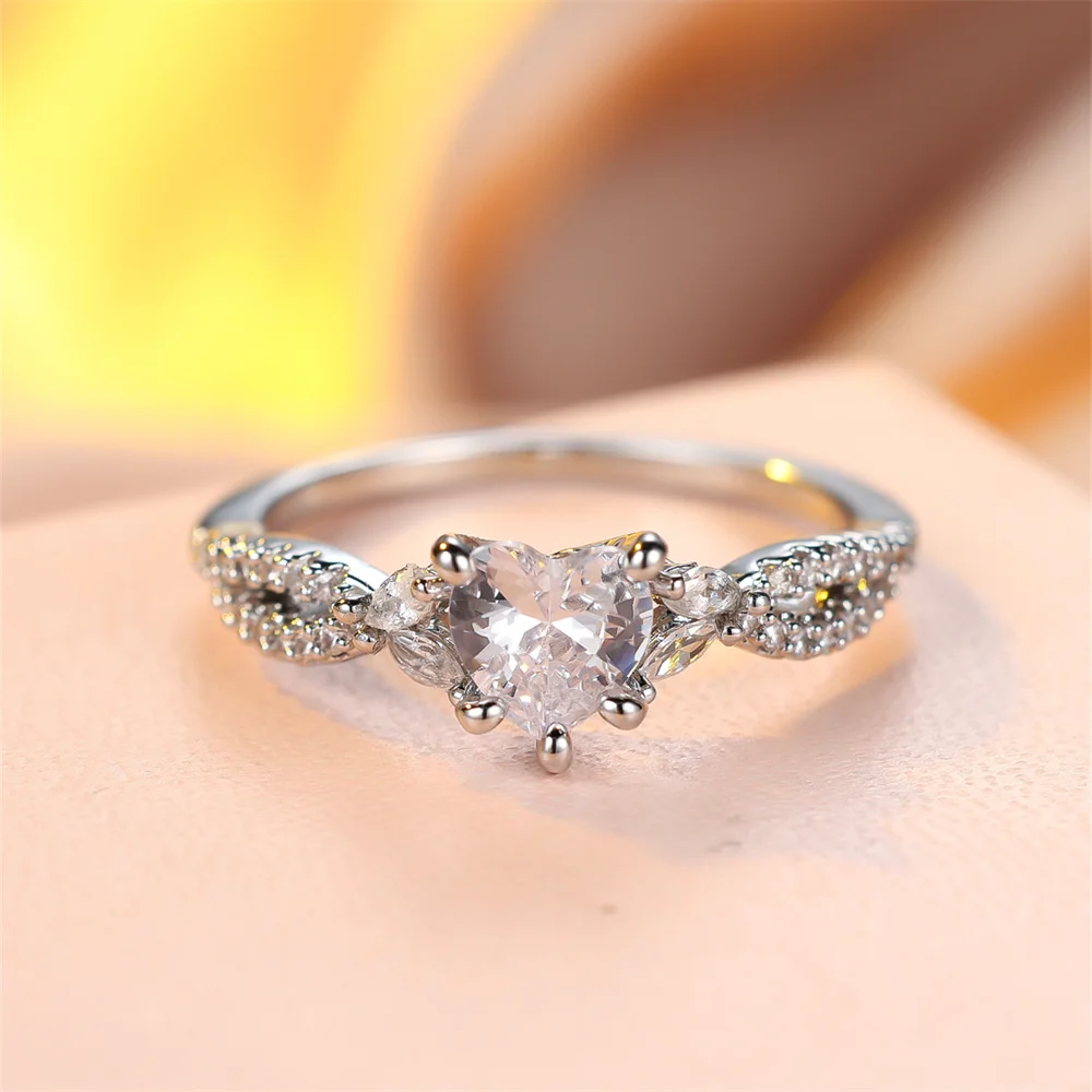 White Zircon Small Heart Stone Rings For Women Classic Silver Color Wedding Band Engagement Jewelry Accessory Mother's Day Gifts