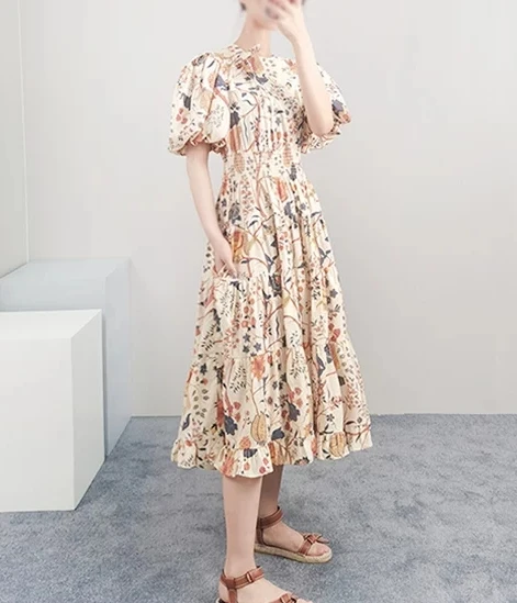 

Women's Elastic Waist Print Flower Dress Elegant Fashion Summer New Arrival High Quality 2024