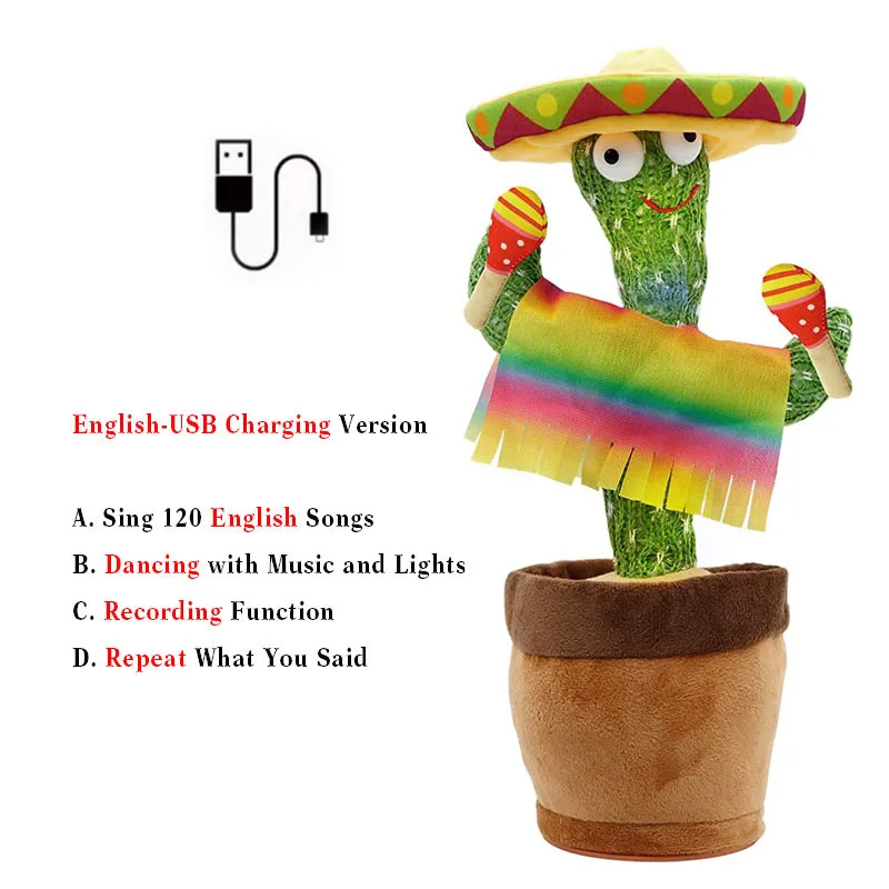 Rechargeable Dancer Cactus With Sound In Spanish Captus Dancer For Babies USB Dancing Cactus Parlant Toy Russian 