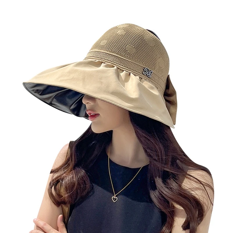 

Summer Women Empty Top Hat Bow Big Edge Face-covering Sun Hat Foldable Cloth Hat Anti-ultraviolet Inner Black Glue Fisherman Hat