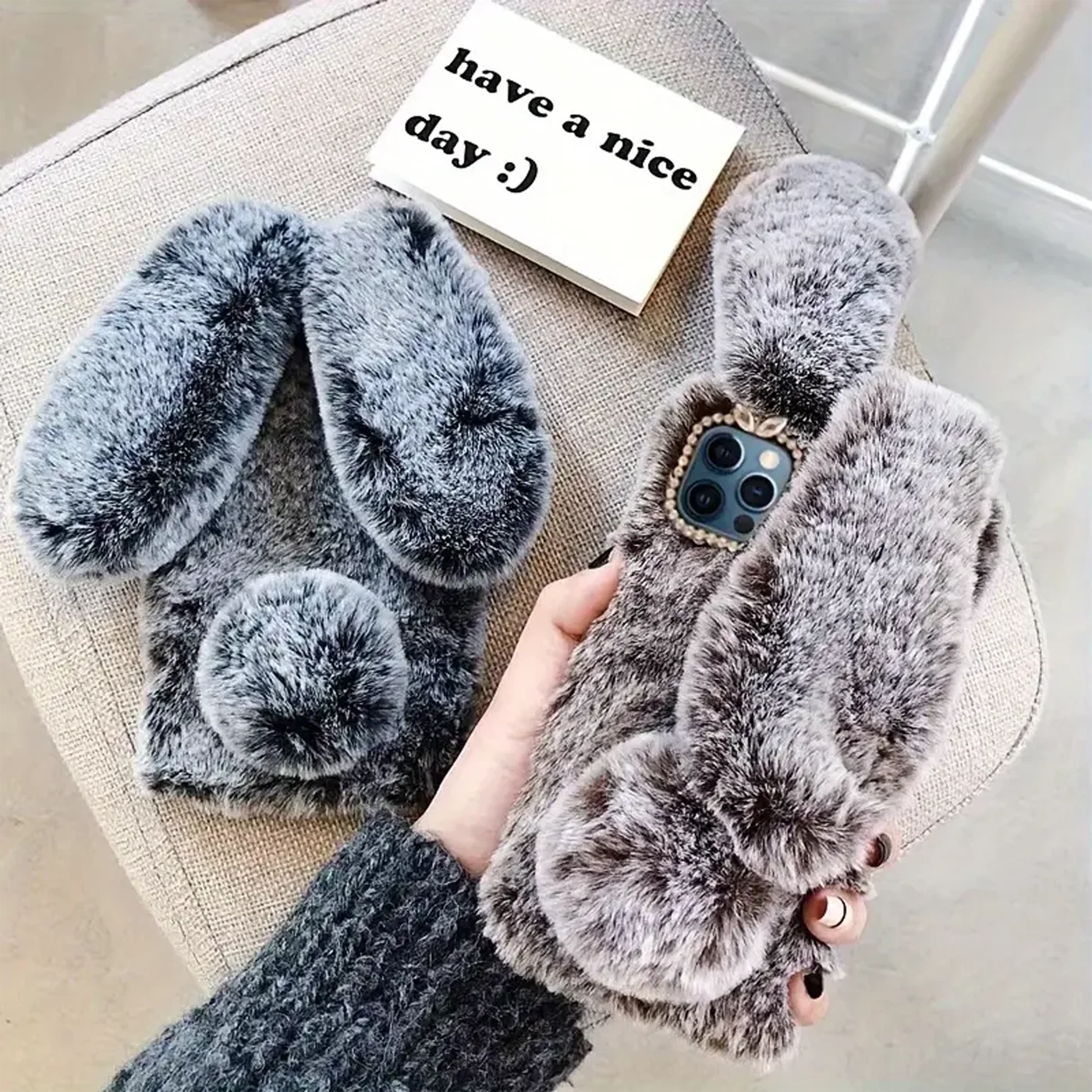 3D Rabbit Plush Case for iPhone 16 Pro Max Luxury Cute Warm Bunny Furry Soft 3D Long Ear Hair Plush Rabbit Case Cover for Grils