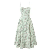 2025 Romantic Green Floral Bra with Wire Corset Style Sling Dress Women Low Waist Ruched Pleated Swing Midi Long Dresses Robe - Image 2