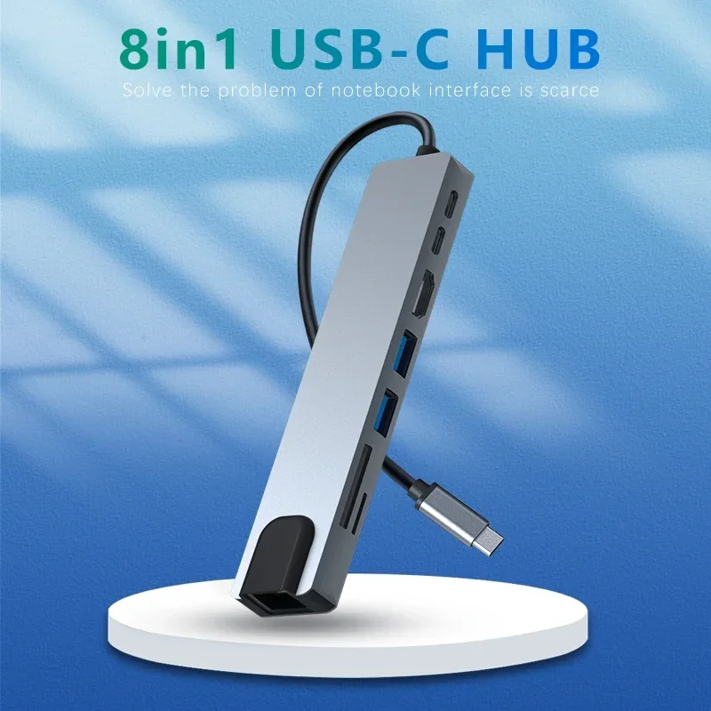 

8 In 1 USB C Hub Type C 3.1 To 4K HD Adapter with RJ45 SD/TF Card Reader PD Fast Charge for MacBook Notebook Laptop Computer