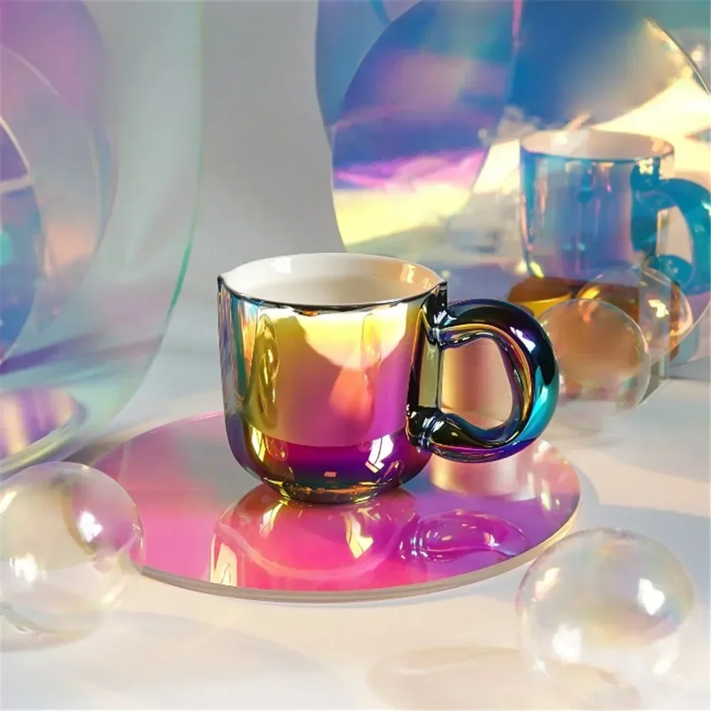 

Cute Gradient Rainbow Pearlescent Luxury Ceramic Mug Coffee Tea Cups with Exquisite Box for Women Men Gift Coffee Cup