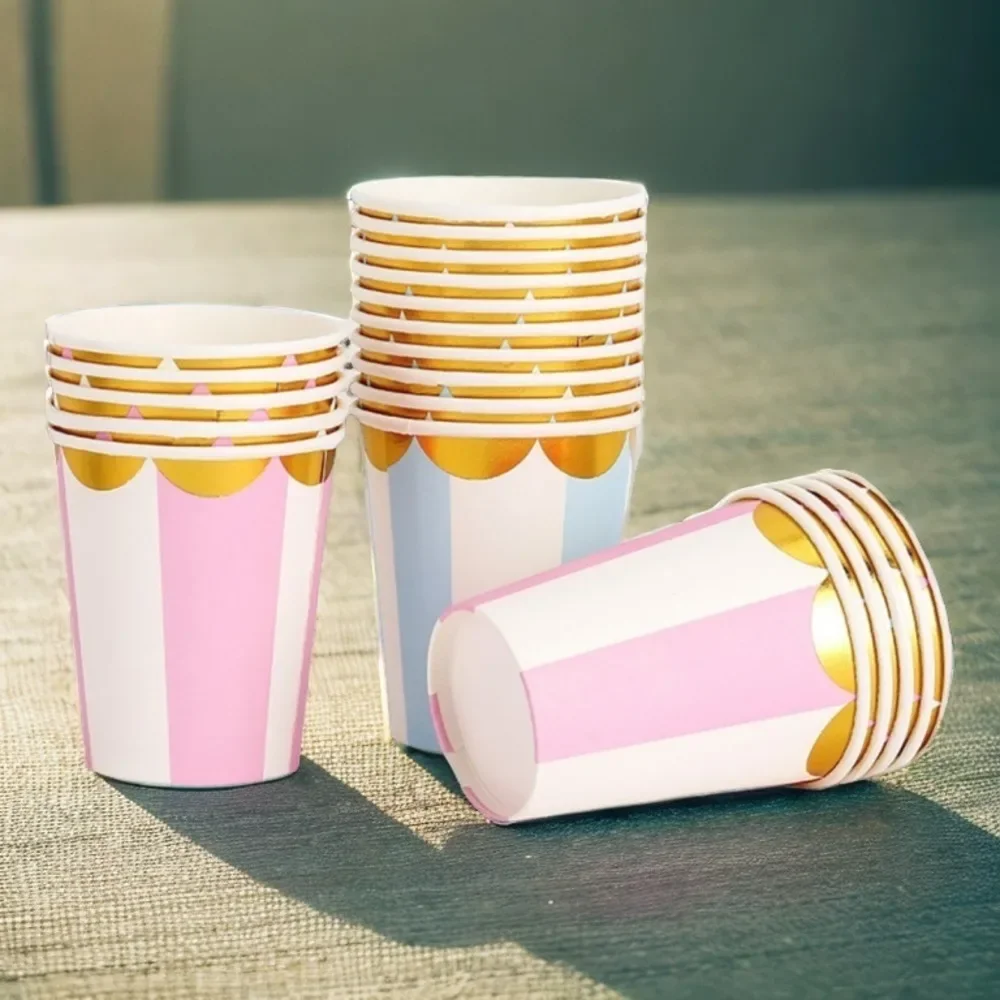 

10PCS 9 Oz 250ml Gilded Striped Thickened Paper Cup Wedding Birthday Party Holiday Disposable Tableware