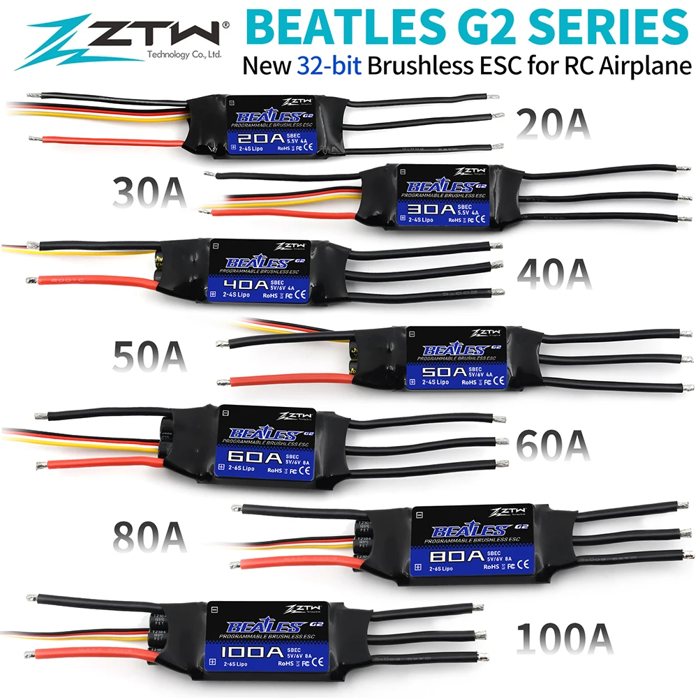 ZTW 32-Bit Brushless ESC Beatles G2 20A/30A/40A/50A/60A/80A/100A 2-6S SBEC 5V/6V 8A Electronic Speed Controller for RC Airplane 1