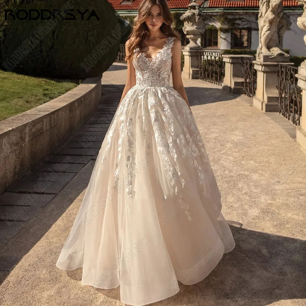 RODDRSY V-Neck Sleeveless Applique Wedding Dresses A-Line Tulle Boho Vestidos De Novia Lace Backless Custom Made Bridal Gowns