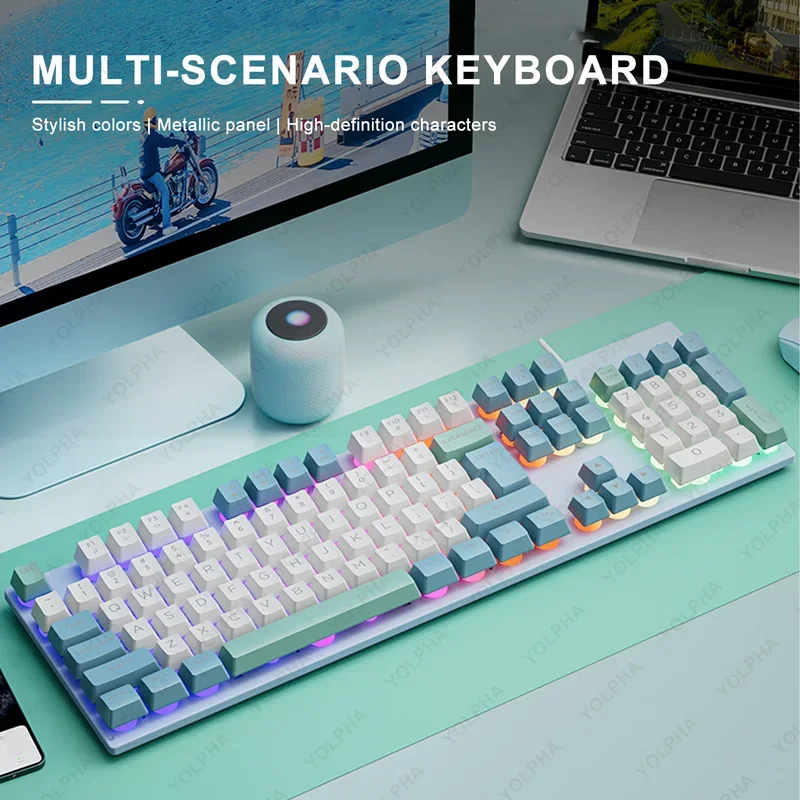 7 Colours Wired Keyboard 104 Keys Rainbow Backlit Office Gaming Keyboard QWERTY Layout Suspended Keys Square Cap Gaming Gear