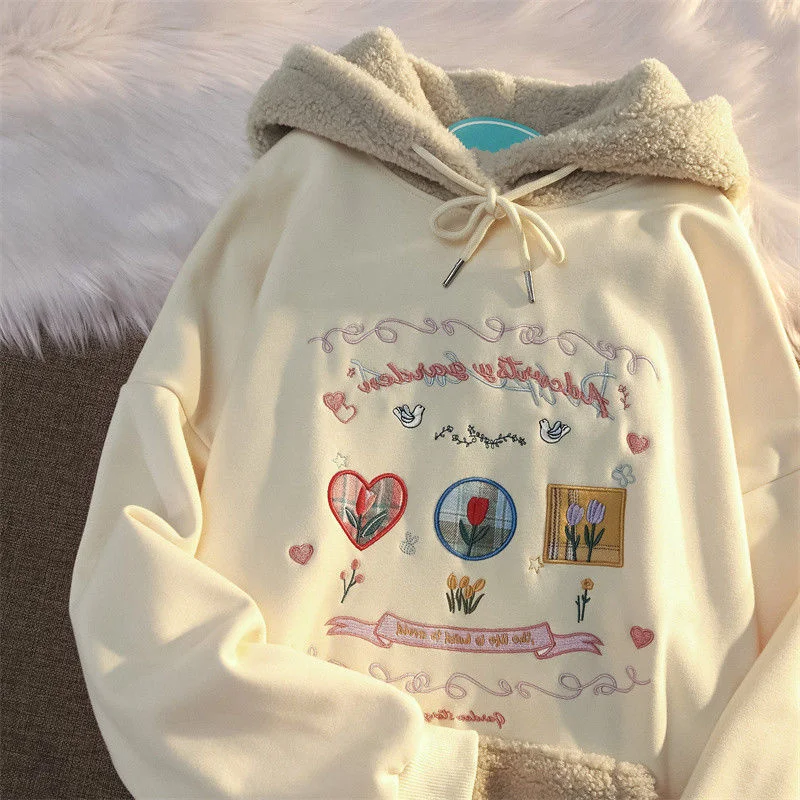 

Floral embroidery niche design wool cute pink blouse hoodie womens autumn and winter college lazy wind plus velvet padded hoodie