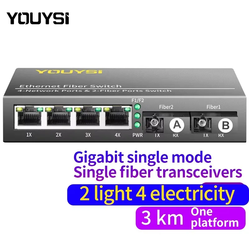 YOUYSI Gigabit 2-optical 4-electric single-mode single-fiber fiber transceiver-A/B-side media converter 3KM