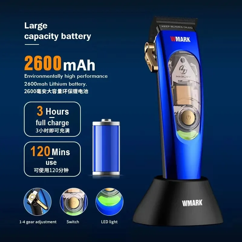 WMARK NG-9004 고속 10000RPM 전문 헤어 클리퍼, 충전 스탠드 포함, 남성용 헤어 트리머, 이발 기계