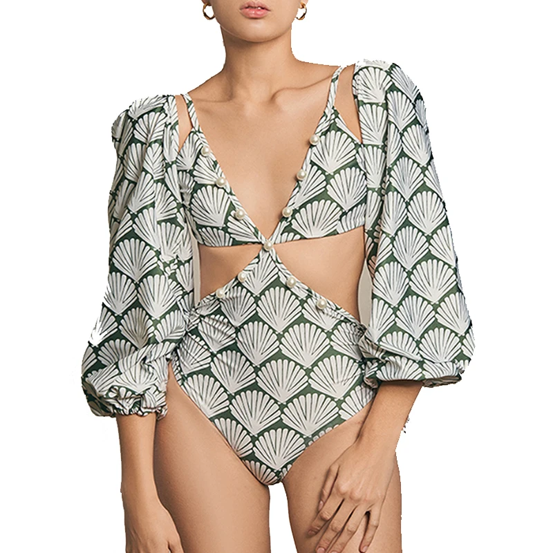 

2023 Sea Shell Print Women One-piece Swimsuit Loose Long Sleeve Waistless Swimwear Back Bandage Sexy Deep-V Vacation Beachwear
