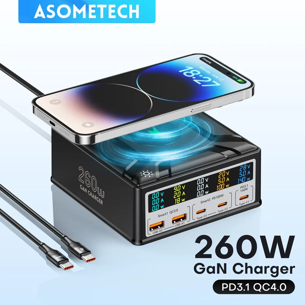 ASOMETECH 260W GaN зарядное устройство с цифровым дисплеем, настольное зарядное устройство USB Type C, 140W PD3.1 PPS QC4.0, быстрое зарядное устройство для ноутбука, планшета, телефона