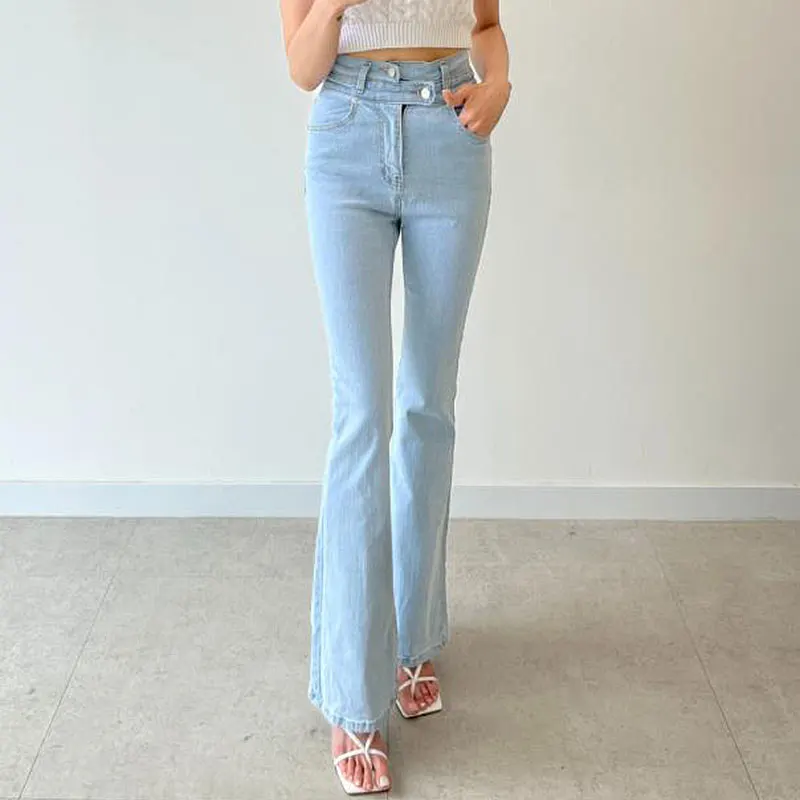 

Vintage Light Blue Jeans Women Streetwear 2023 Summer Flare Pants Lady Korean Fashion Soft Denim Mom Jean High Waisted
