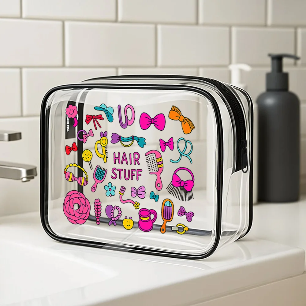 Clear Cosmetic Bag. Adorable hair-stuff design for travel, gym or beach. A perfect gift.