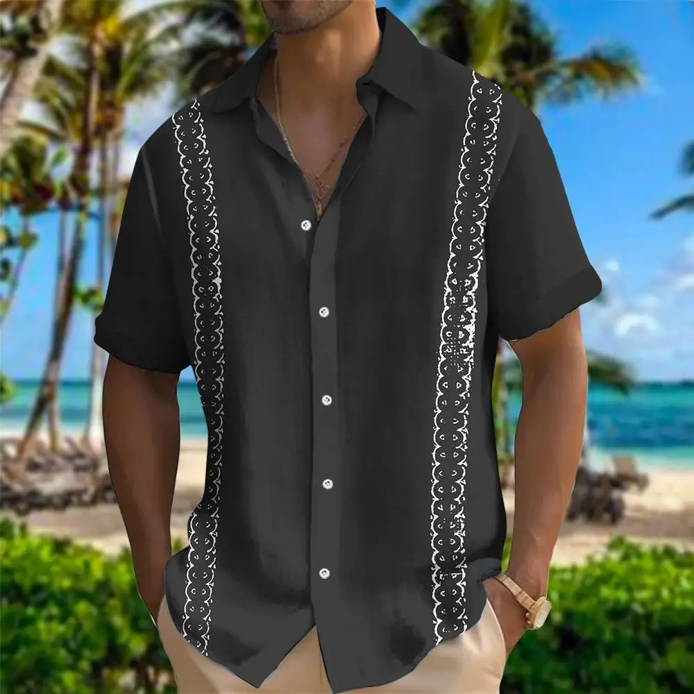 Black White Simple Men's Hawaii Shirt For Man Printed Short Sleeve Blouse Casual Retro Clothes Lapel Business Camisas Casuais