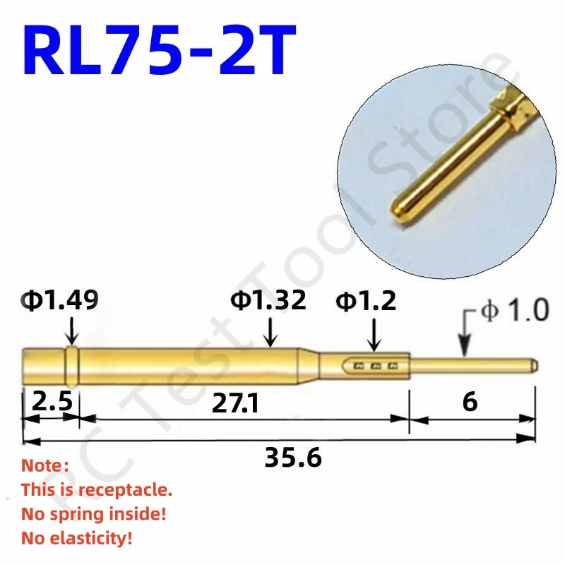 

100PCS RL75-2T Test Pin PL75-B1 Receptacle Brass Tube Needle Sleeve Seat Crimp Connect Probe Sleeve 35.6mm Outer Dia 1.32mm