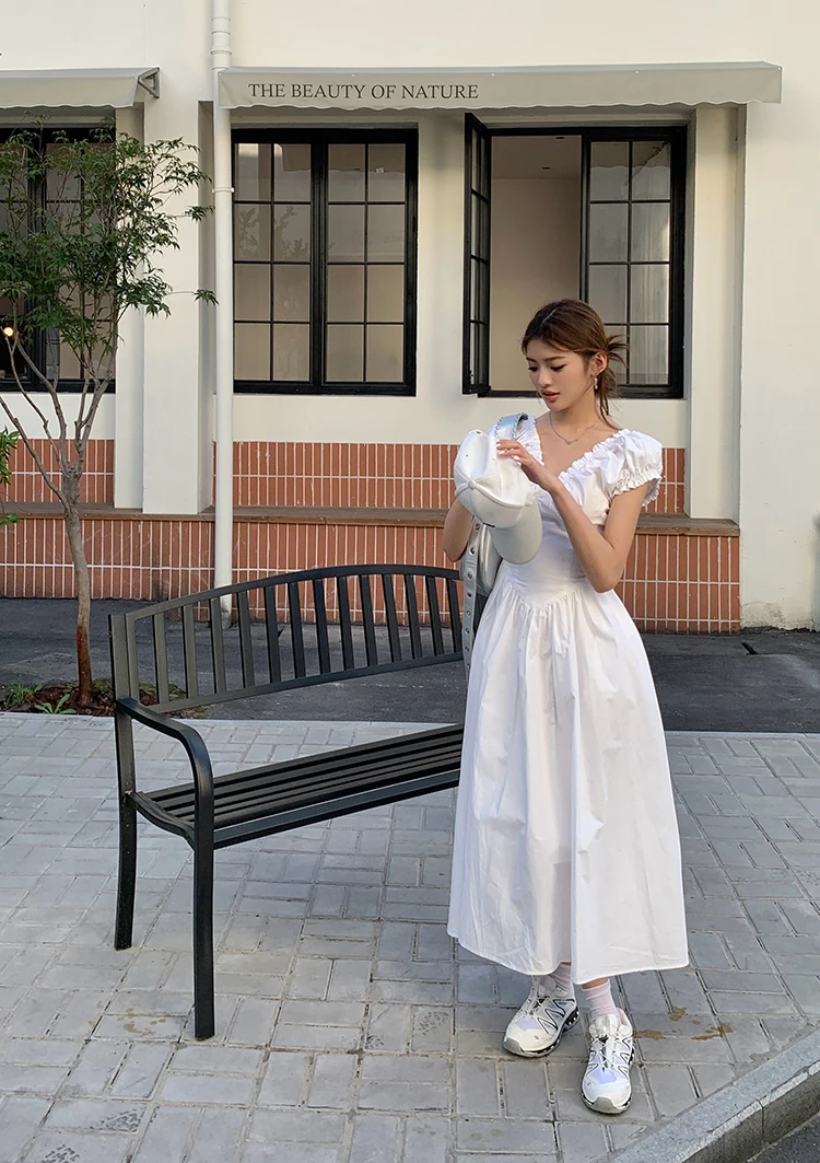 Casual Solid Midi Dresses for Women Korean Chic V-neck Backless High Waist Puff Sleeve A-line Party Dress Summer Vestidos Mujer