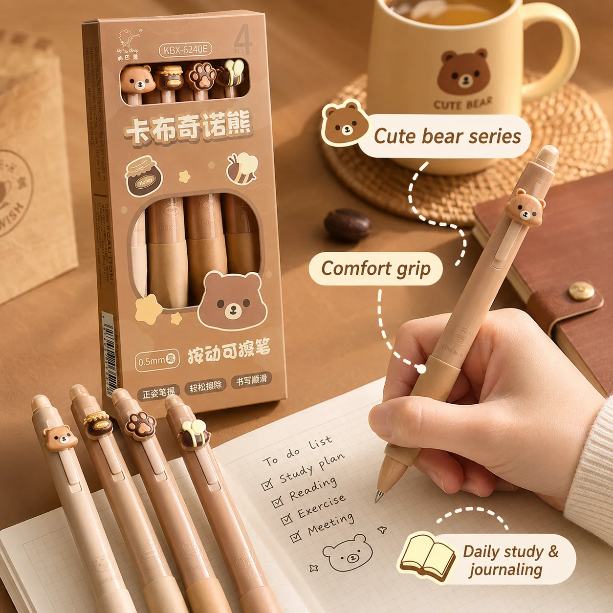 4 penne cancellabili Cappuccino Bear per la scuola, per scrivere, con inchiostro blu creativo, set di cancelleria per ufficio e scuola. - immagine 3