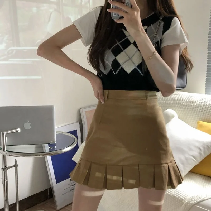 

2023 Korean Fashion Pleated Mini Skirt Women Cute Casual Preppy Style High Waist Solid A-line Short Skirt for Girls Summer