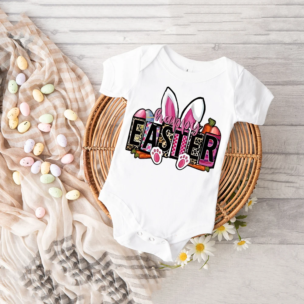 

Happy Easter&Bunny Print Baby Romper Girls Funny Casual Bodysuit Crew Neck Short Sleeve Babys Jumpsuit Easter Day Infant Gift