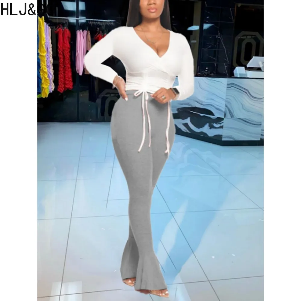 HLJ&GG Casual V Neck Long Sleeve Drawstring Top + Flared Pants Tracksuit Women Solid Color Tracksuits Autumn Casual 2pcs Outfits